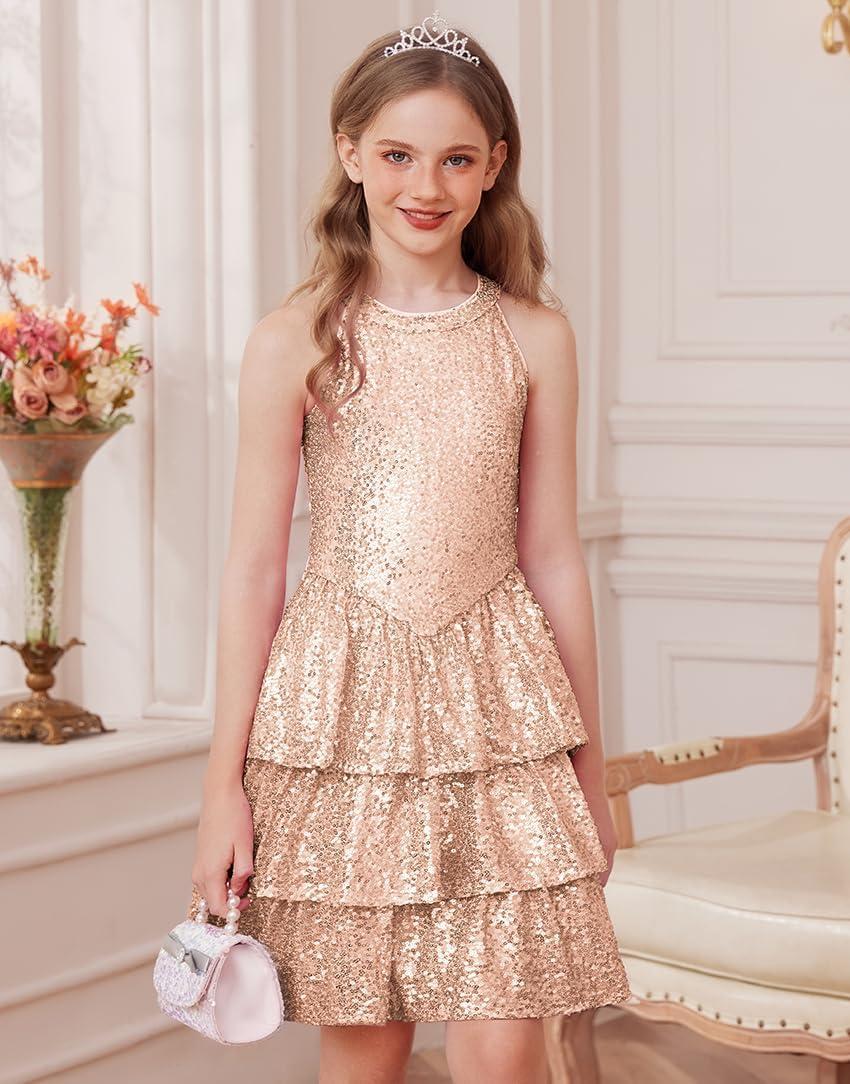 imageGRACE KARIN Girls Sequin Party Dress Kids Sparkly Formal Birthday Teen Special Occasion Fancy Pageant Dresses Size 614Rose Gold
