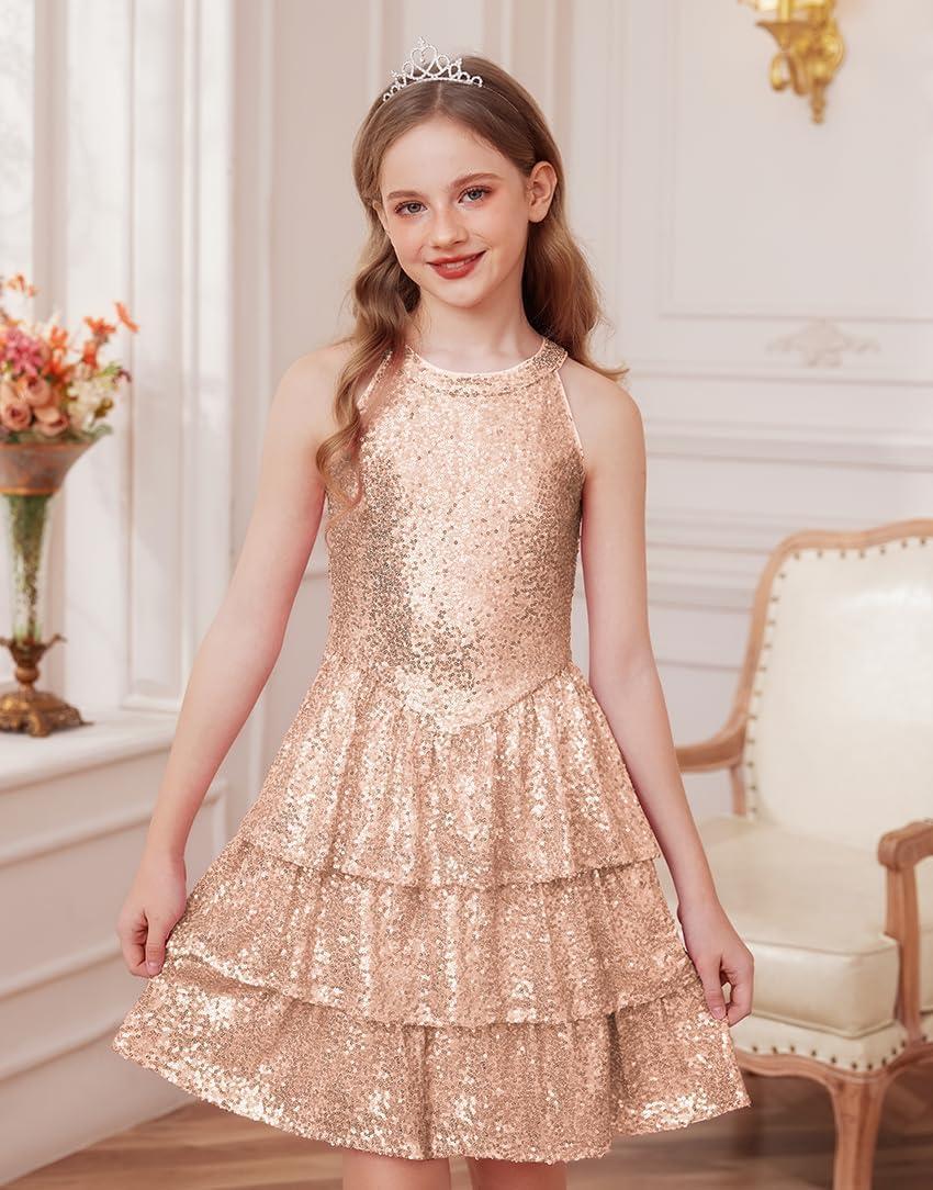 imageGRACE KARIN Girls Sequin Party Dress Kids Sparkly Formal Birthday Teen Special Occasion Fancy Pageant Dresses Size 614Rose Gold