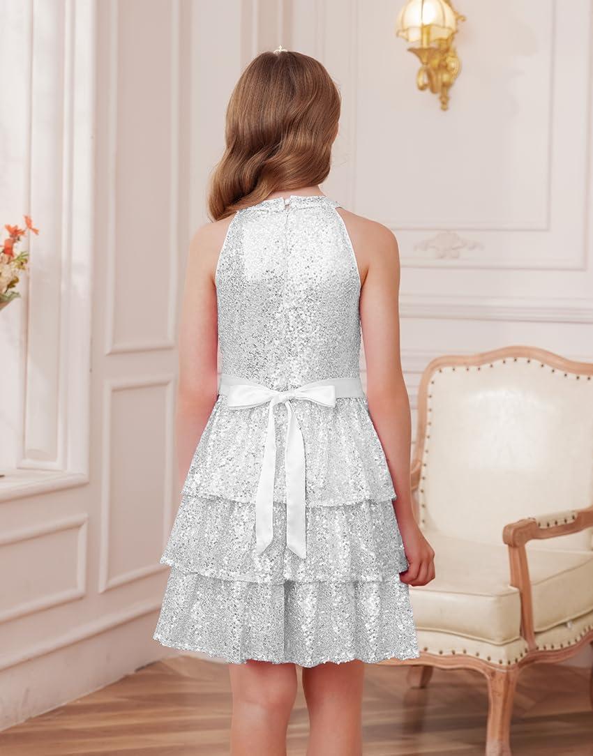 imageGRACE KARIN Girls Sequin Party Dress Kids Sparkly Formal Birthday Teen Special Occasion Fancy Pageant Dresses Size 614Silver White