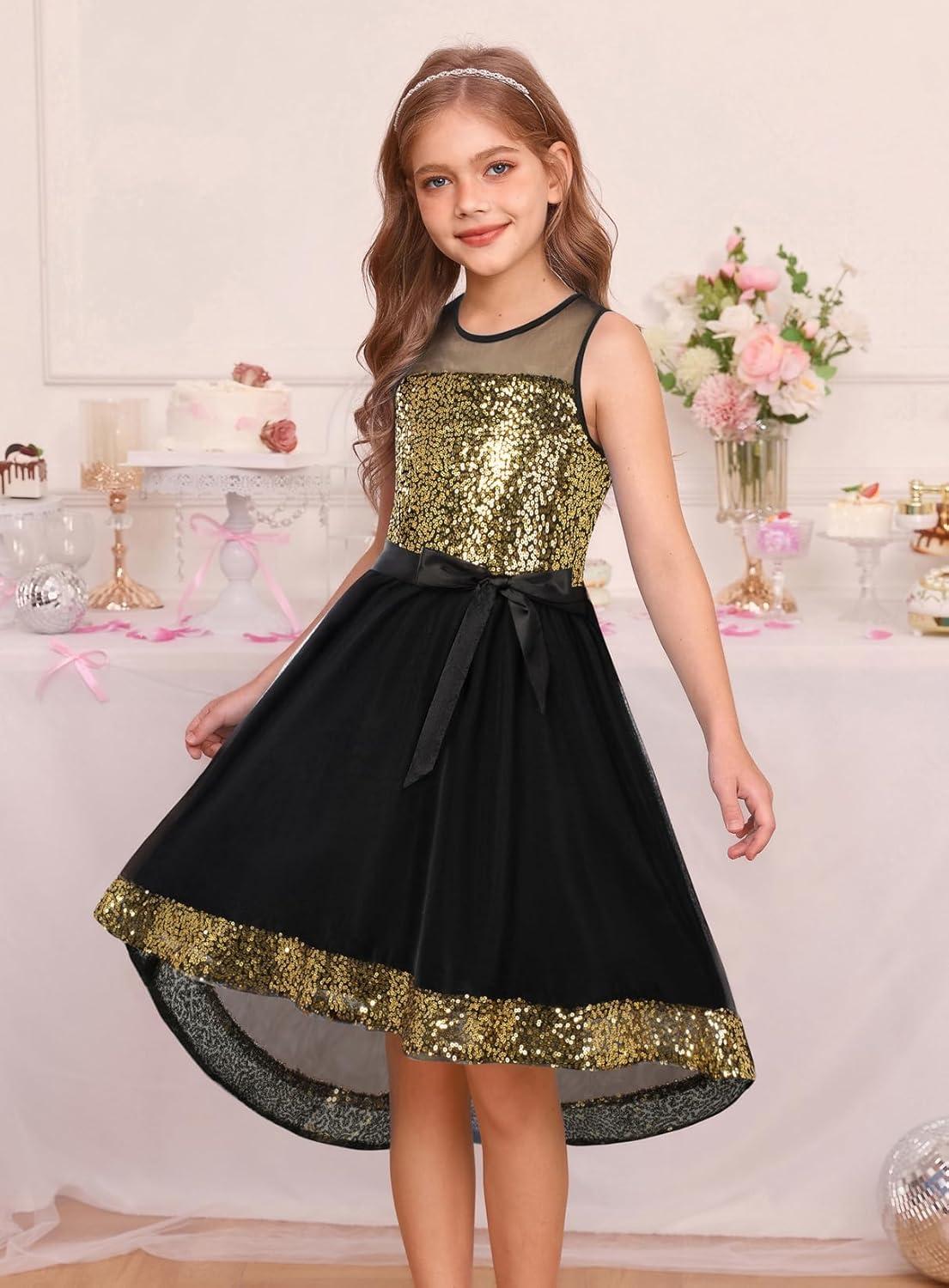 imageGRACE KARIN Girls Sequin Party Formal Dress Wedding Guest Sparkle Fancy Birthday Tulle High Low Prom Dresses 614 YearsBlackgold