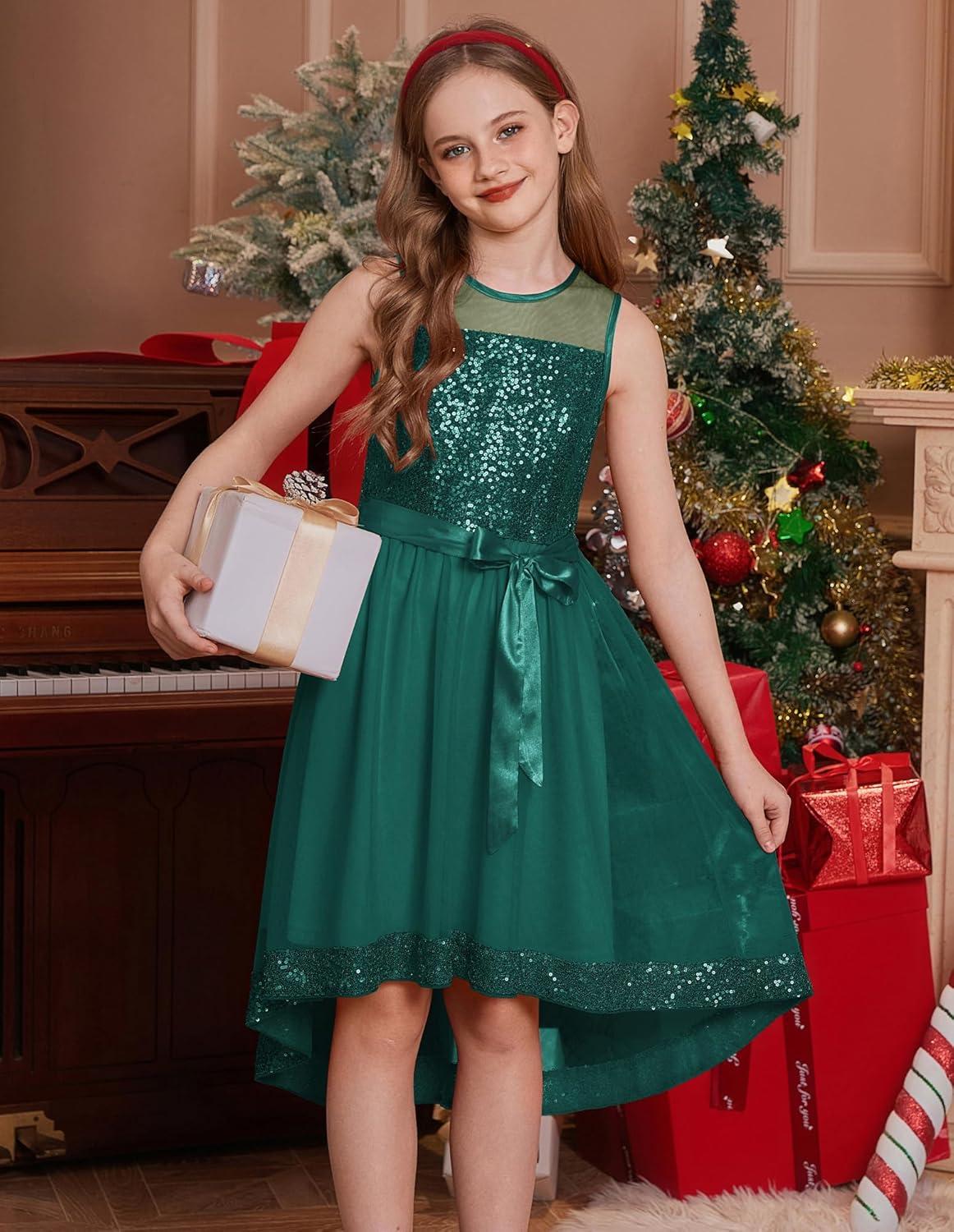 imageGRACE KARIN Girls Sequin Party Formal Dress Wedding Guest Sparkle Fancy Birthday Tulle High Low Prom Dresses 614 YearsDark Green