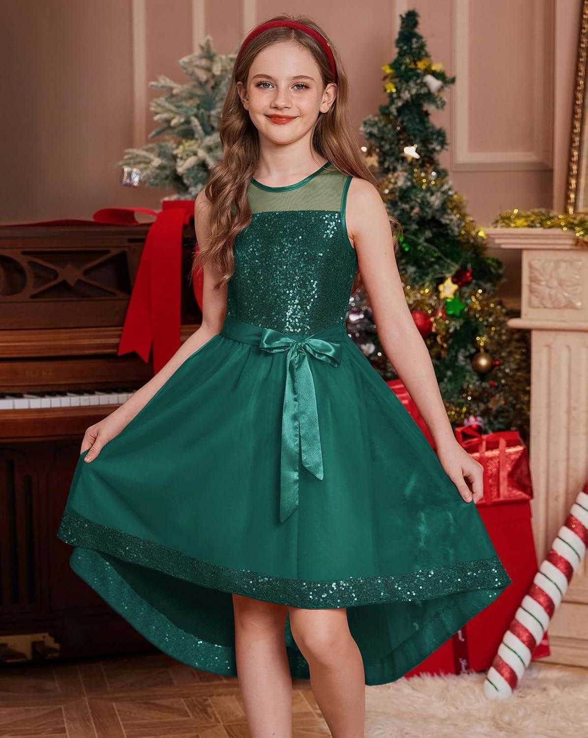 imageGRACE KARIN Girls Sequin Party Formal Dress Wedding Guest Sparkle Fancy Birthday Tulle High Low Prom Dresses 614 YearsDark Green