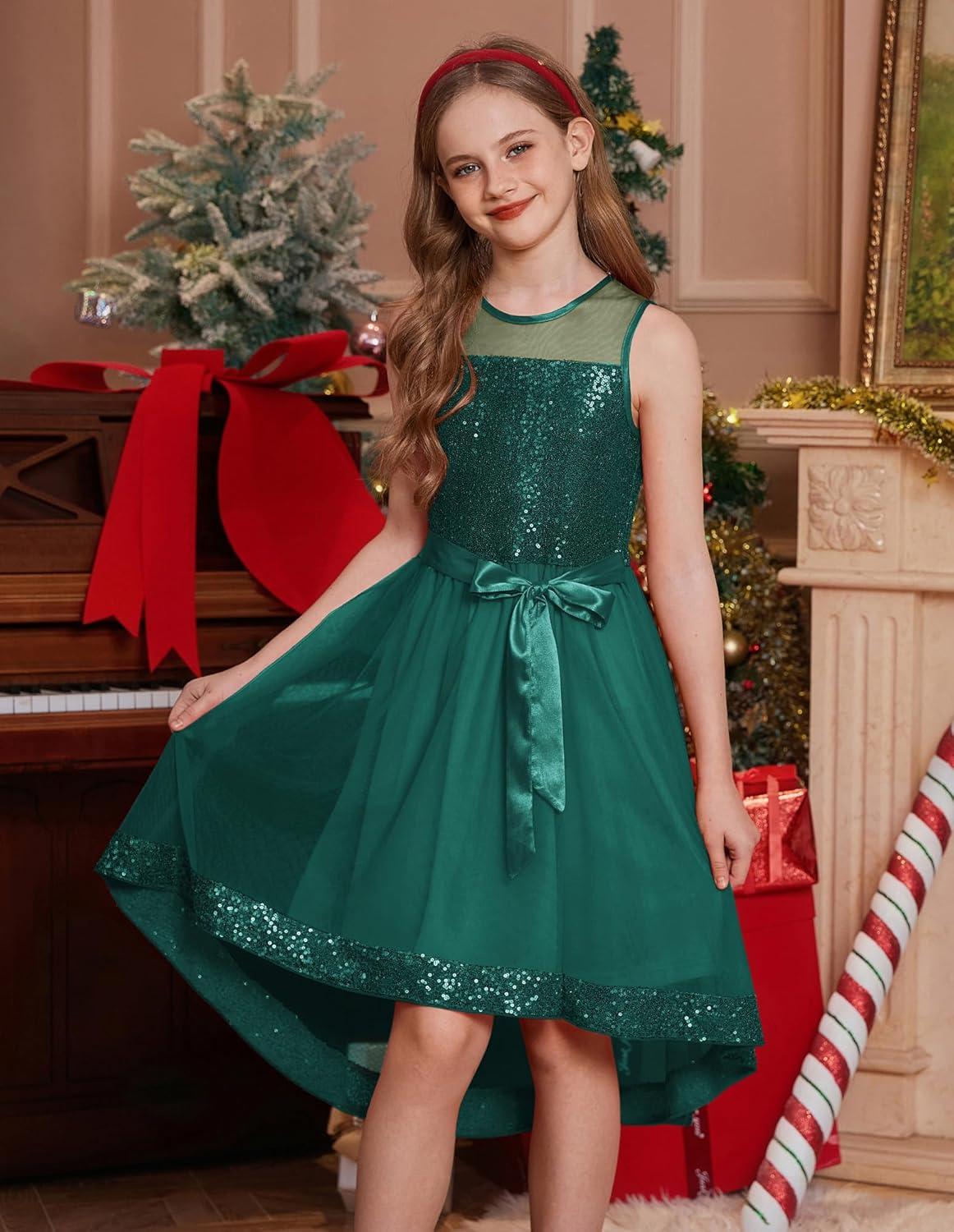 imageGRACE KARIN Girls Sequin Party Formal Dress Wedding Guest Sparkle Fancy Birthday Tulle High Low Prom Dresses 614 YearsDark Green