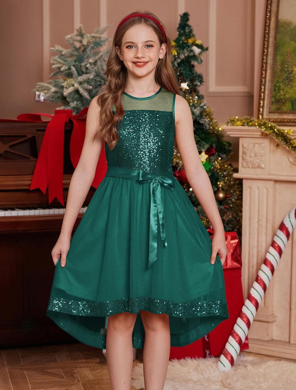 imageGRACE KARIN Girls Sequin Party Formal Dress Wedding Guest Sparkle Fancy Birthday Tulle High Low Prom Dresses 614 YearsDark Green