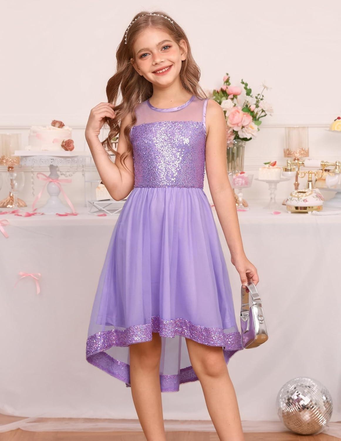 imageGRACE KARIN Girls Sequin Party Formal Dress Wedding Guest Sparkle Fancy Birthday Tulle High Low Prom Dresses 614 YearsFantasy Purple