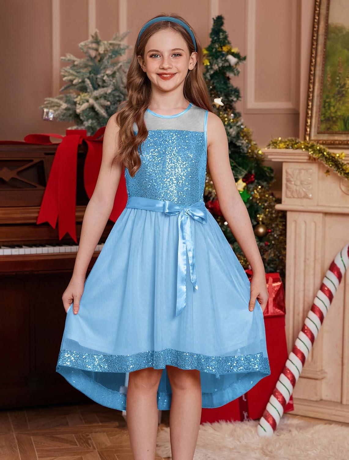 imageGRACE KARIN Girls Sequin Party Formal Dress Wedding Guest Sparkle Fancy Birthday Tulle High Low Prom Dresses 614 YearsLight Blue