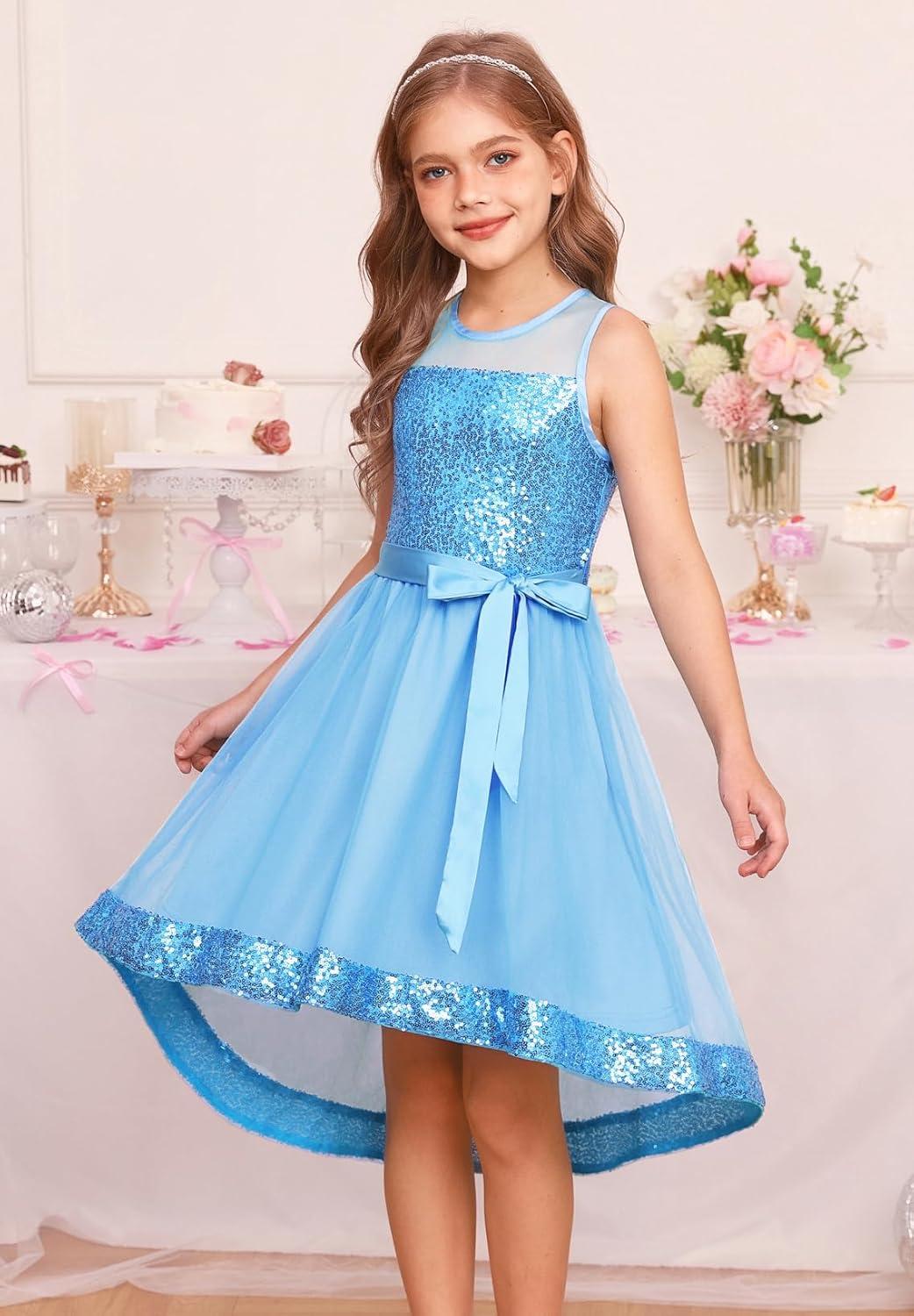 imageGRACE KARIN Girls Sequin Party Formal Dress Wedding Guest Sparkle Fancy Birthday Tulle High Low Prom Dresses 614 YearsLight Blue