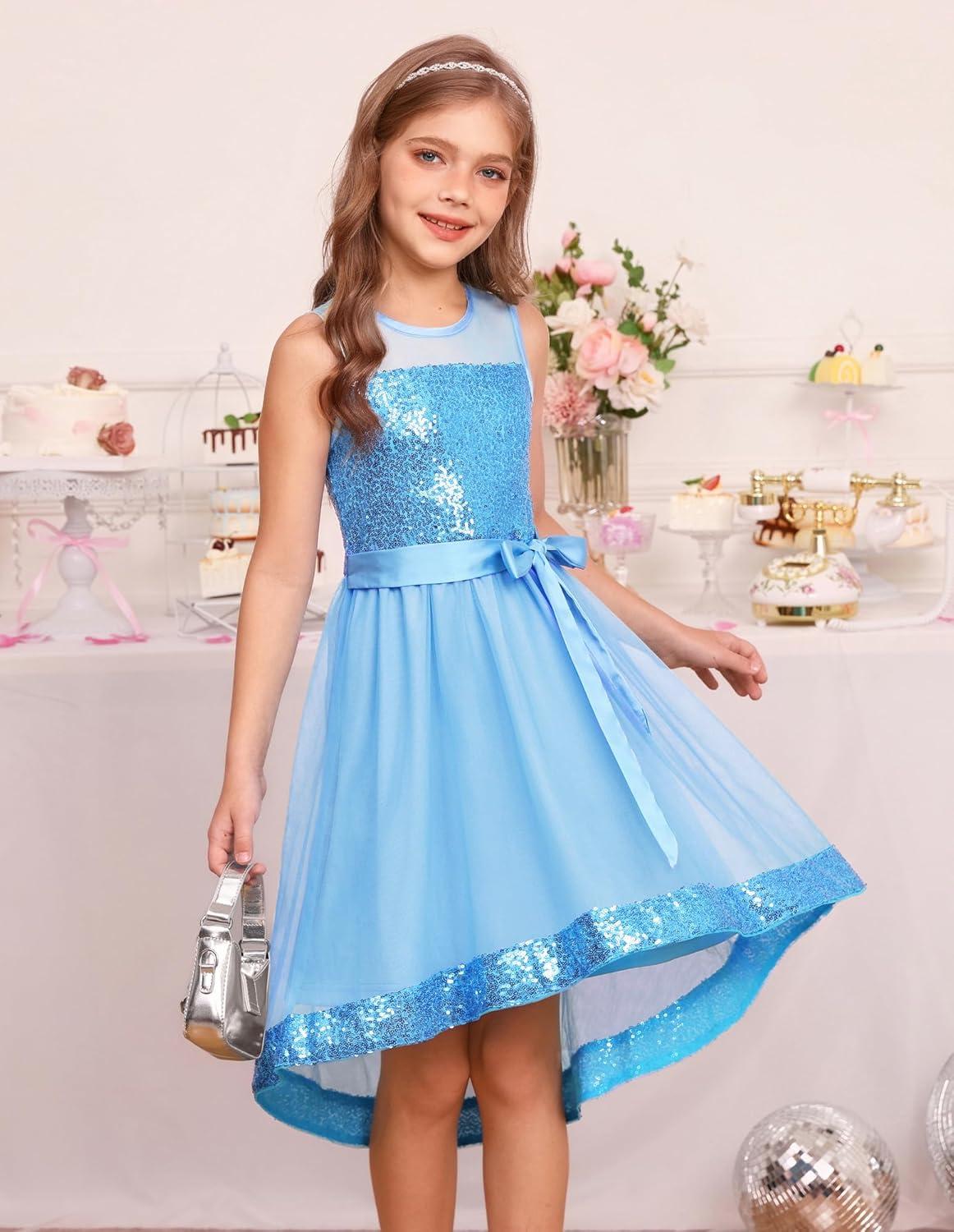 imageGRACE KARIN Girls Sequin Party Formal Dress Wedding Guest Sparkle Fancy Birthday Tulle High Low Prom Dresses 614 YearsLight Blue