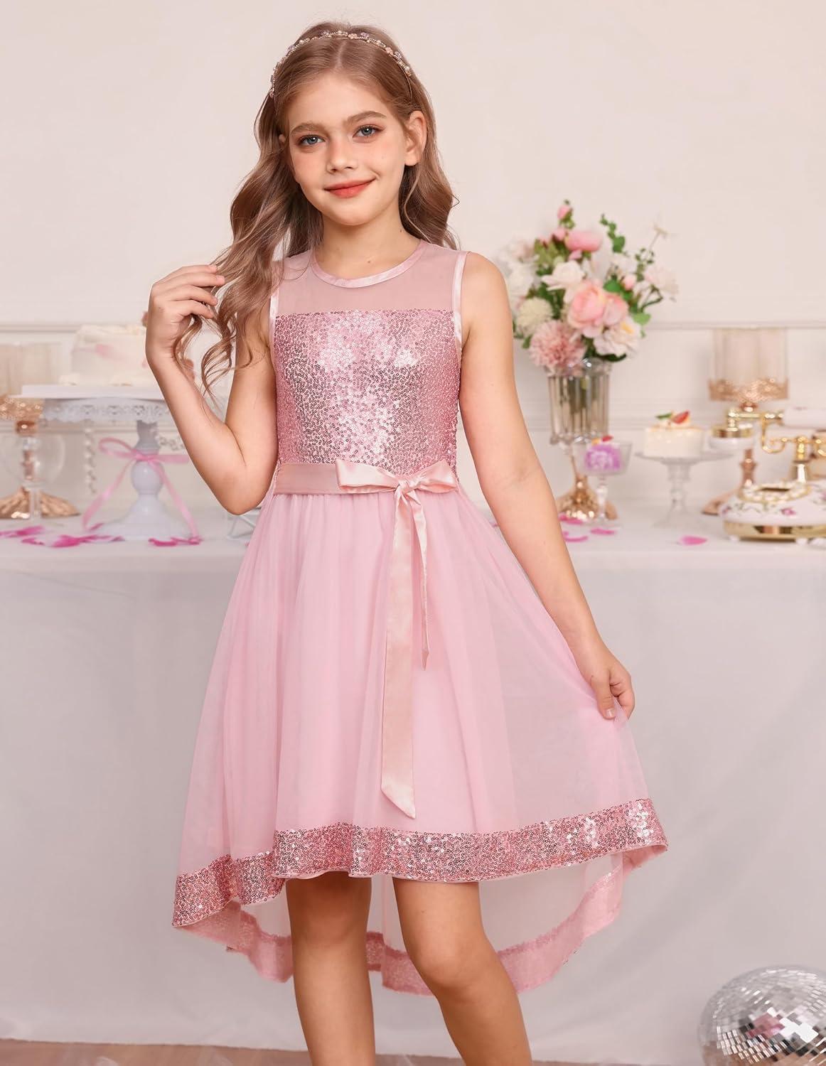 imageGRACE KARIN Girls Sequin Party Formal Dress Wedding Guest Sparkle Fancy Birthday Tulle High Low Prom Dresses 614 YearsPink