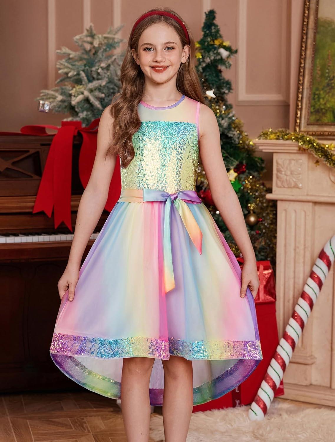 imageGRACE KARIN Girls Sequin Party Formal Dress Wedding Guest Sparkle Fancy Birthday Tulle High Low Prom Dresses 614 YearsRainbow