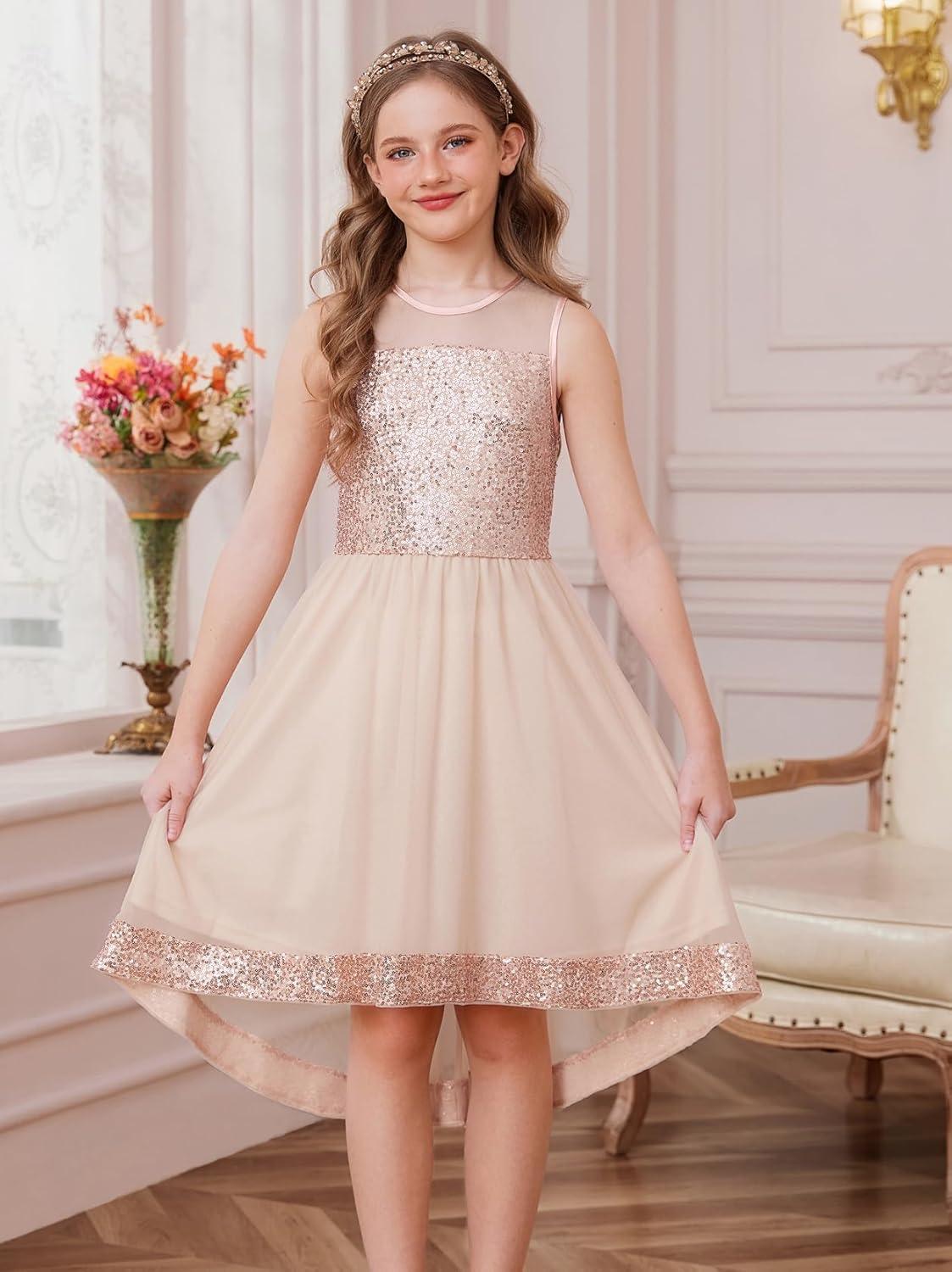 imageGRACE KARIN Girls Sequin Party Formal Dress Wedding Guest Sparkle Fancy Birthday Tulle High Low Prom Dresses 614 YearsRose Gold