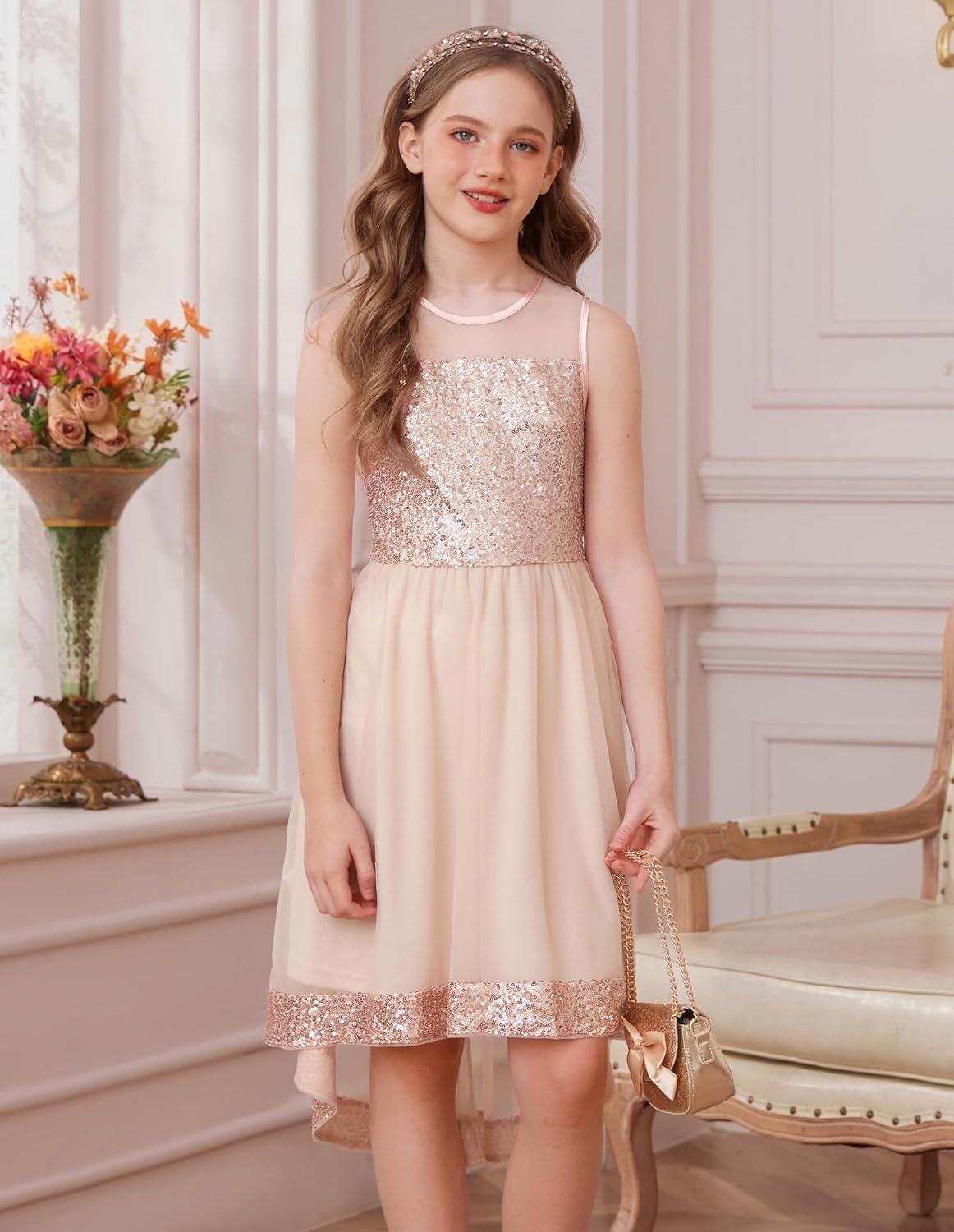 imageGRACE KARIN Girls Sequin Party Formal Dress Wedding Guest Sparkle Fancy Birthday Tulle High Low Prom Dresses 614 YearsRose Gold