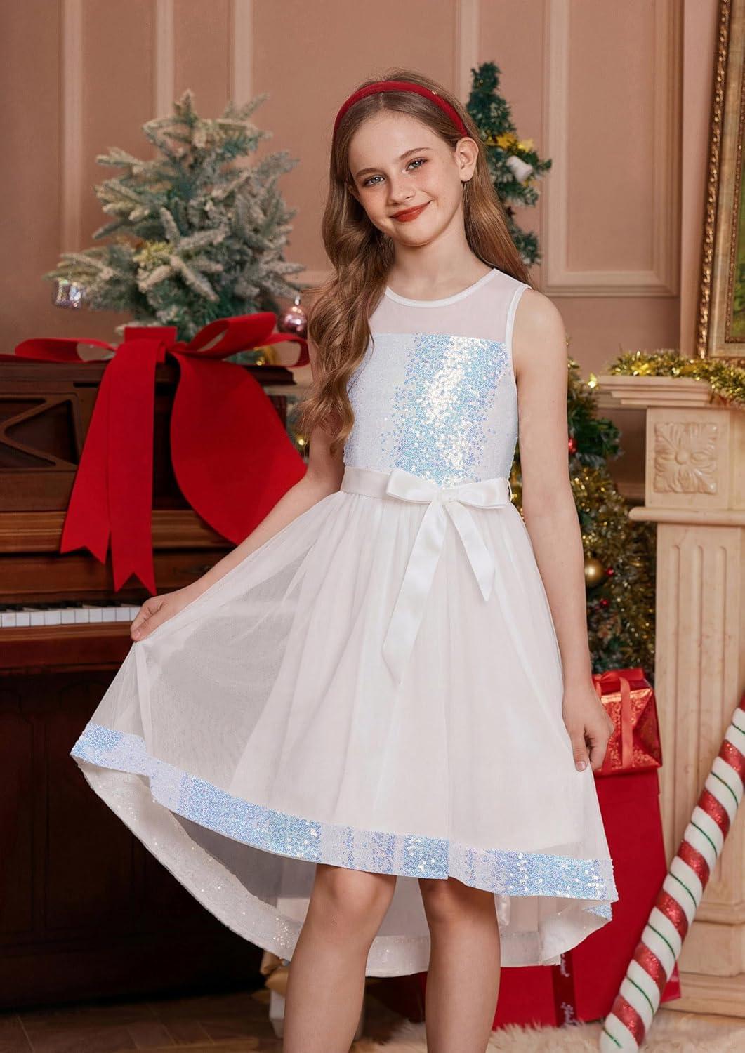 imageGRACE KARIN Girls Sequin Party Formal Dress Wedding Guest Sparkle Fancy Birthday Tulle High Low Prom Dresses 614 YearsWhite
