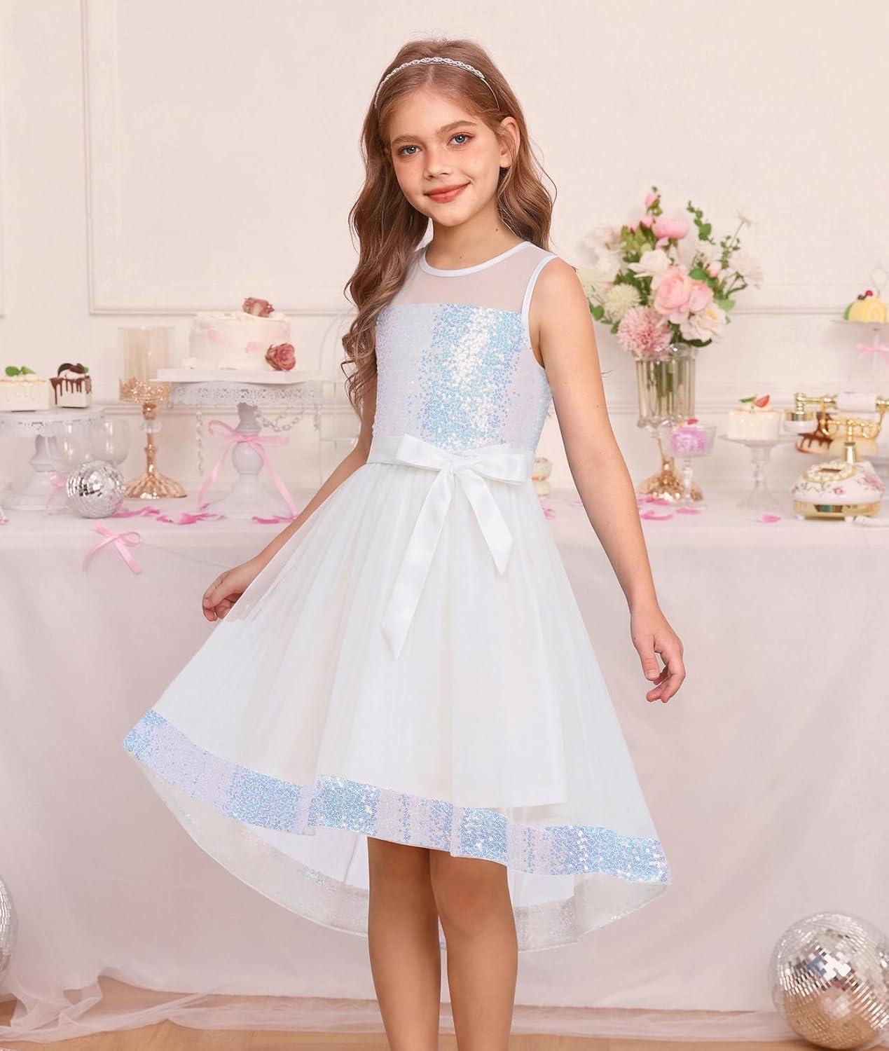 imageGRACE KARIN Girls Sequin Party Formal Dress Wedding Guest Sparkle Fancy Birthday Tulle High Low Prom Dresses 614 YearsWhite