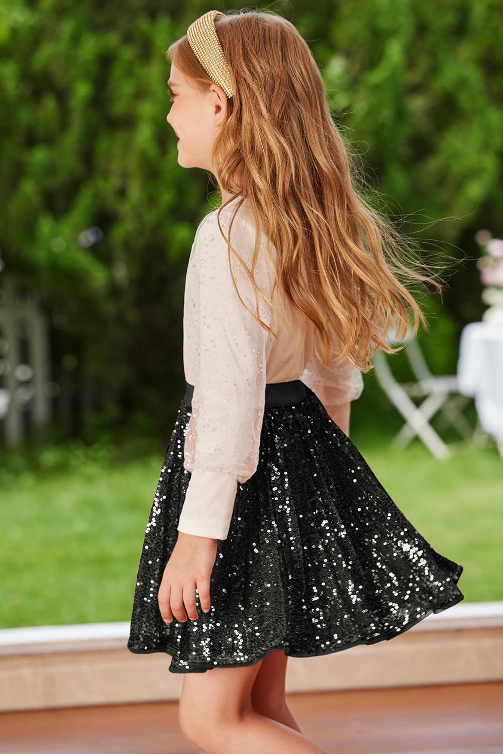 imageGRACE KARIN Girls Sequin Skirt Elastic Waist Sparkle Pleated Skirt for Party 514YBlack