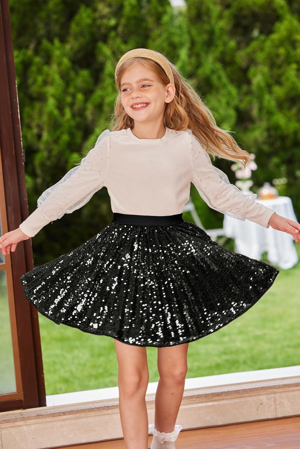 imageGRACE KARIN Girls Sequin Skirt Elastic Waist Sparkle Pleated Skirt for Party 514YBlack