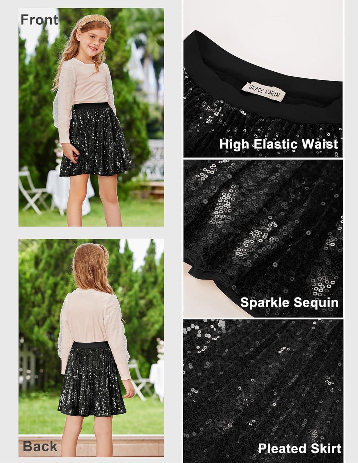 imageGRACE KARIN Girls Sequin Skirt Elastic Waist Sparkle Pleated Skirt for Party 514YBlack