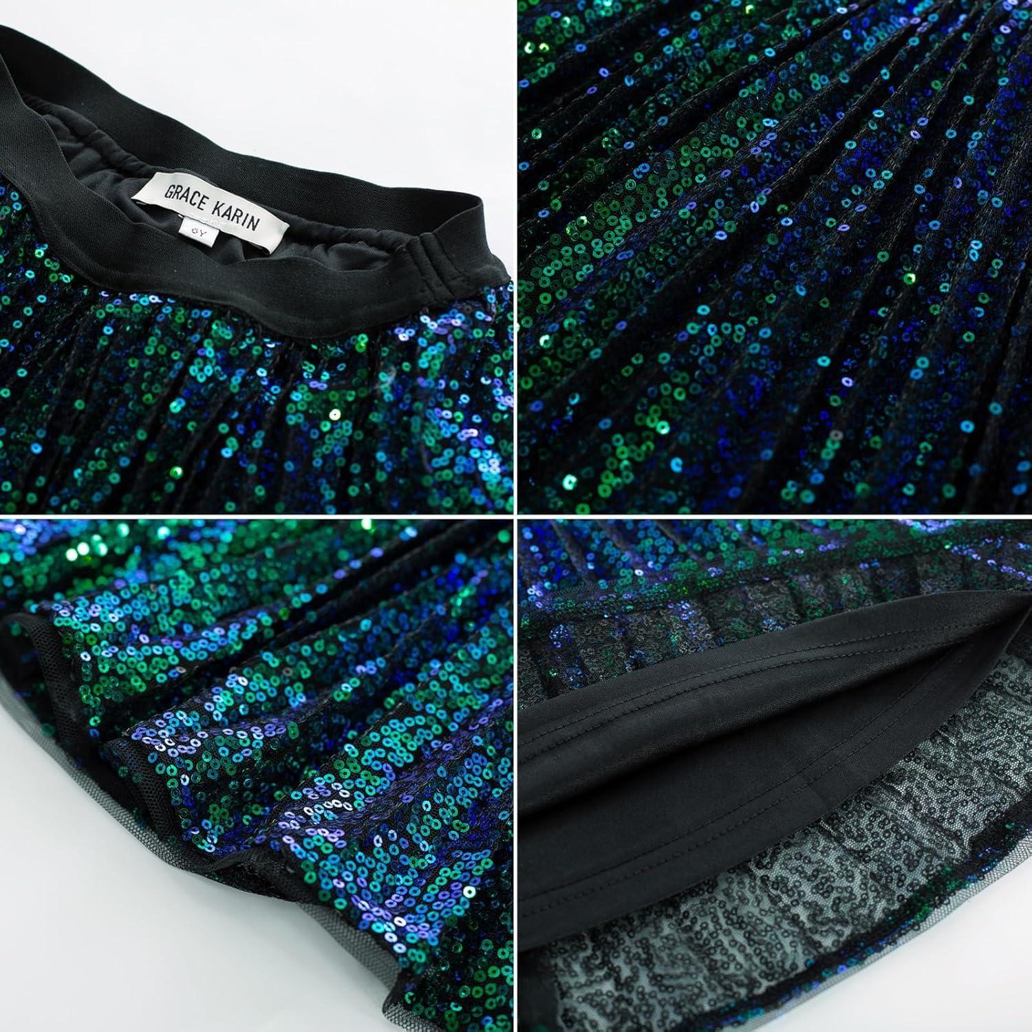 imageGRACE KARIN Girls Sequin Skirt Elastic Waist Sparkle Pleated Skirt for Party 514YGreen