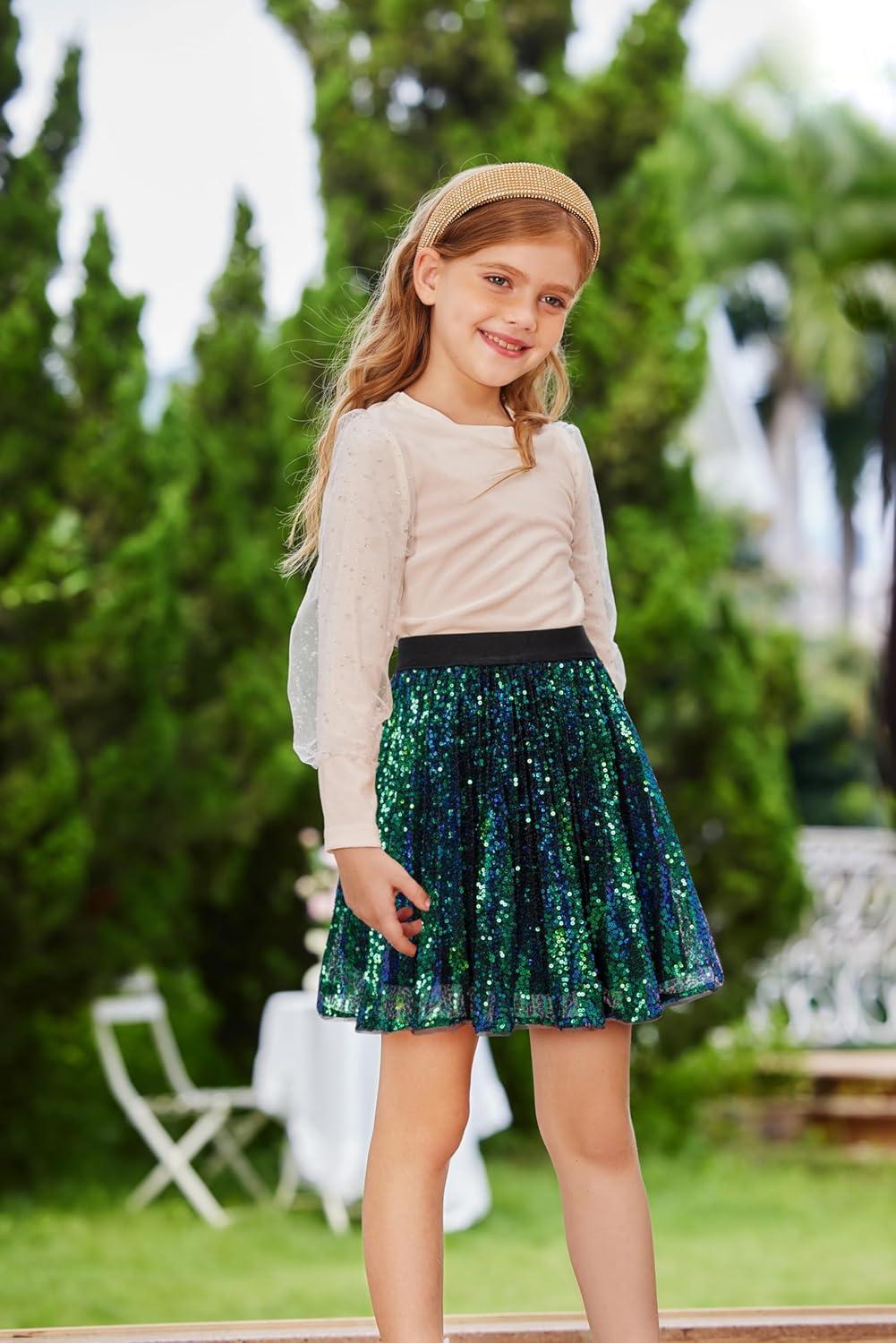 imageGRACE KARIN Girls Sequin Skirt Elastic Waist Sparkle Pleated Skirt for Party 514YGreen