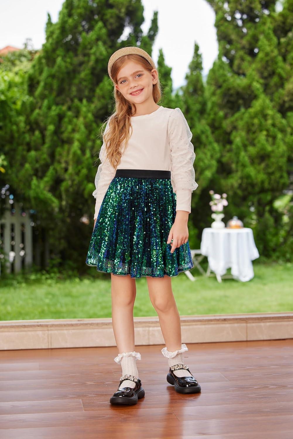 imageGRACE KARIN Girls Sequin Skirt Elastic Waist Sparkle Pleated Skirt for Party 514YGreen