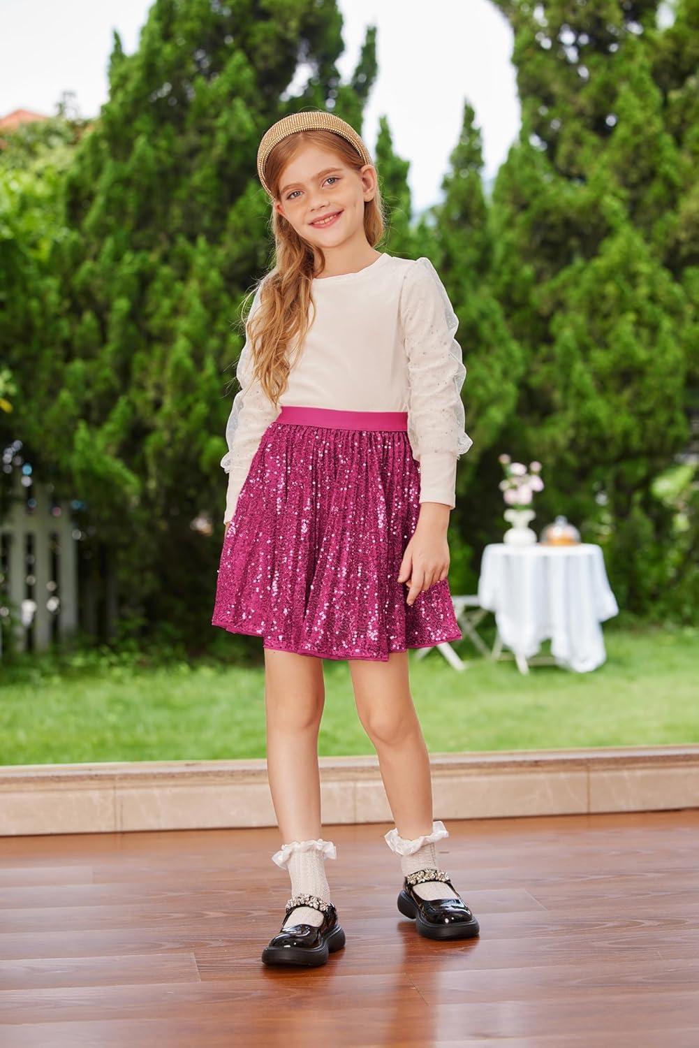 imageGRACE KARIN Girls Sequin Skirt Elastic Waist Sparkle Pleated Skirt for Party 514YHot Pink