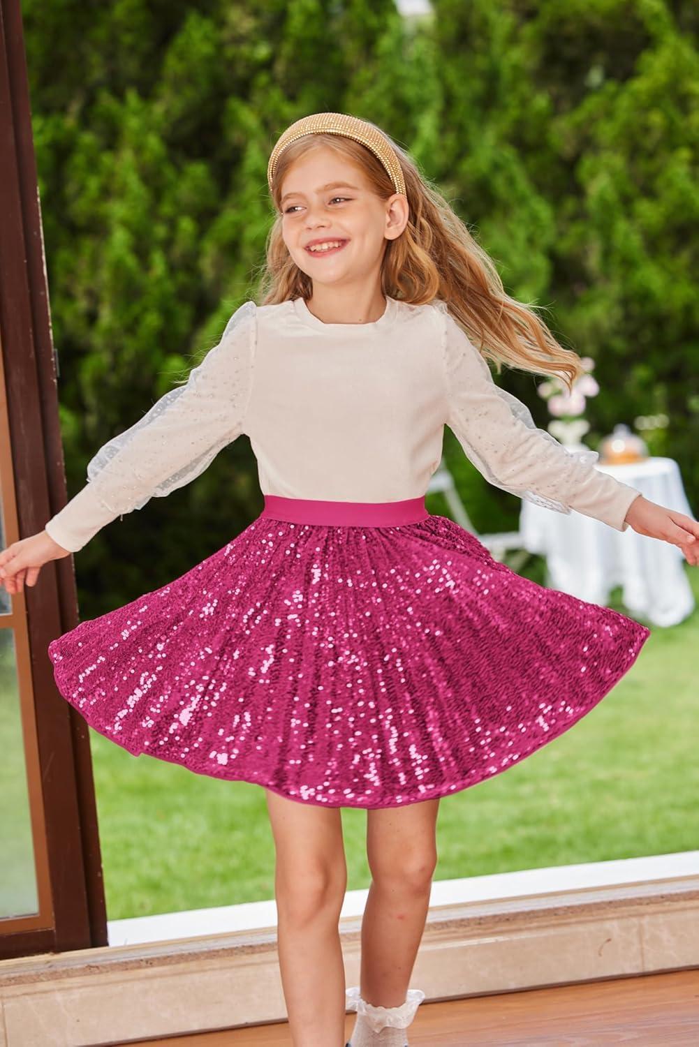 imageGRACE KARIN Girls Sequin Skirt Elastic Waist Sparkle Pleated Skirt for Party 514YHot Pink