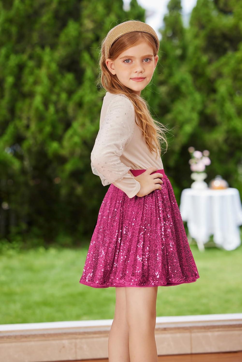 imageGRACE KARIN Girls Sequin Skirt Elastic Waist Sparkle Pleated Skirt for Party 514YHot Pink