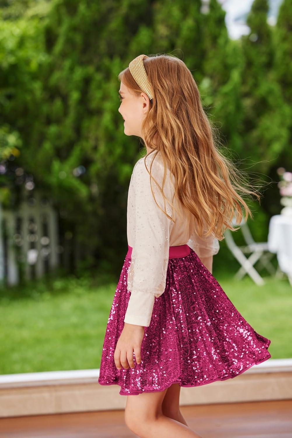 imageGRACE KARIN Girls Sequin Skirt Elastic Waist Sparkle Pleated Skirt for Party 514YHot Pink