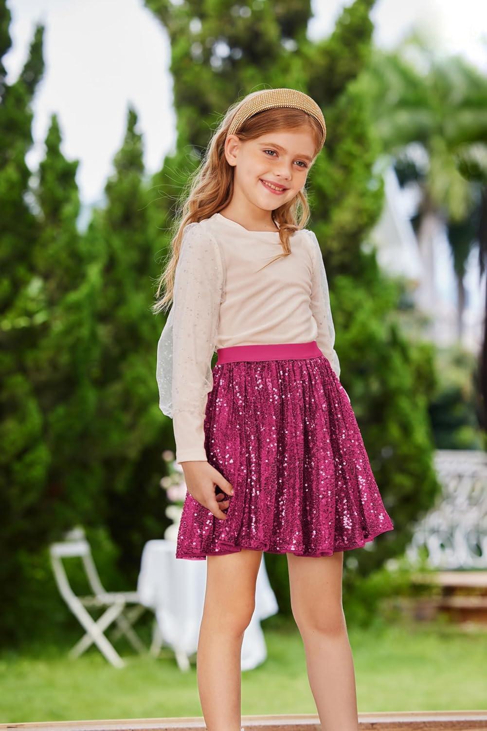 imageGRACE KARIN Girls Sequin Skirt Elastic Waist Sparkle Pleated Skirt for Party 514YHot Pink