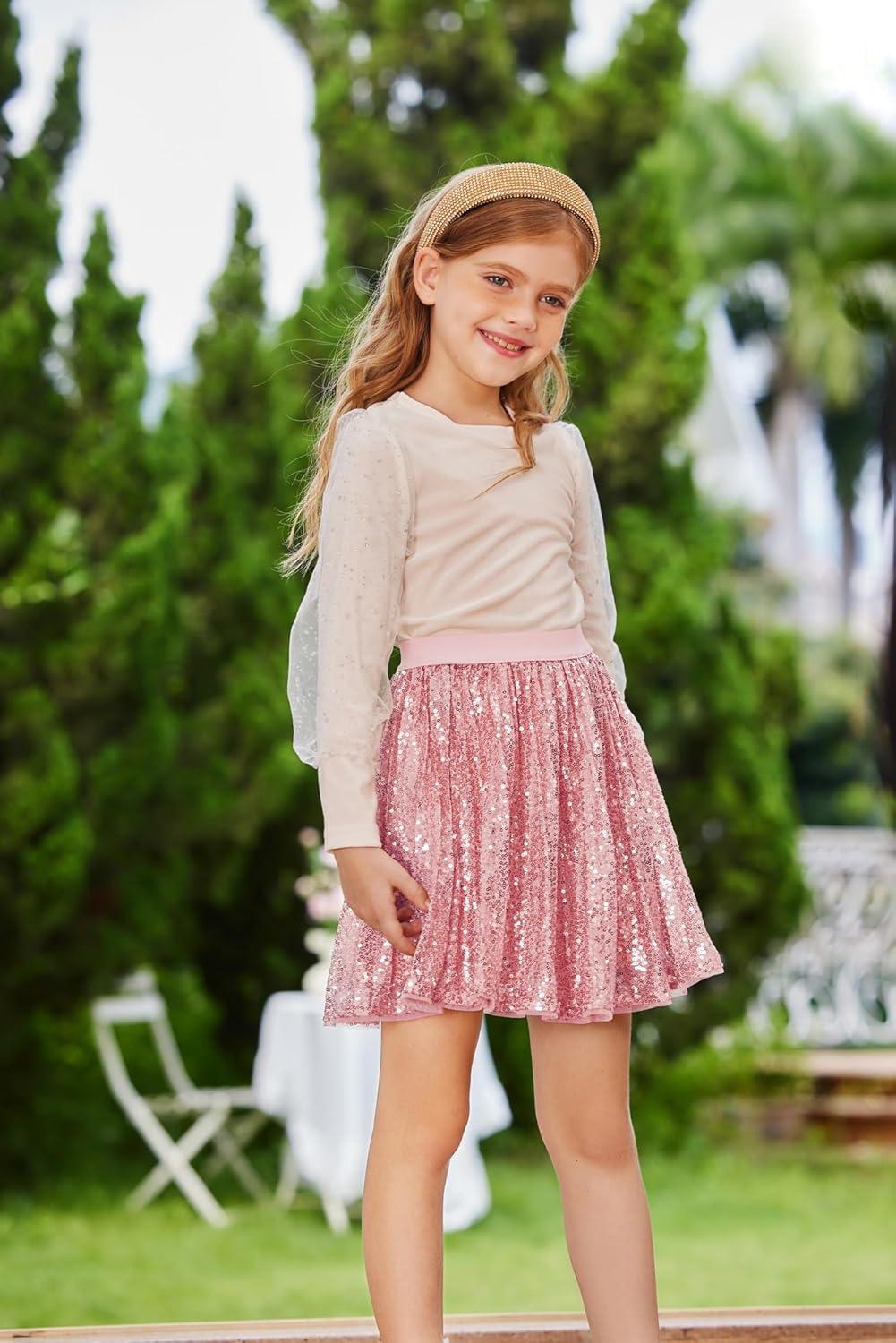 imageGRACE KARIN Girls Sequin Skirt Elastic Waist Sparkle Pleated Skirt for Party 514YPink