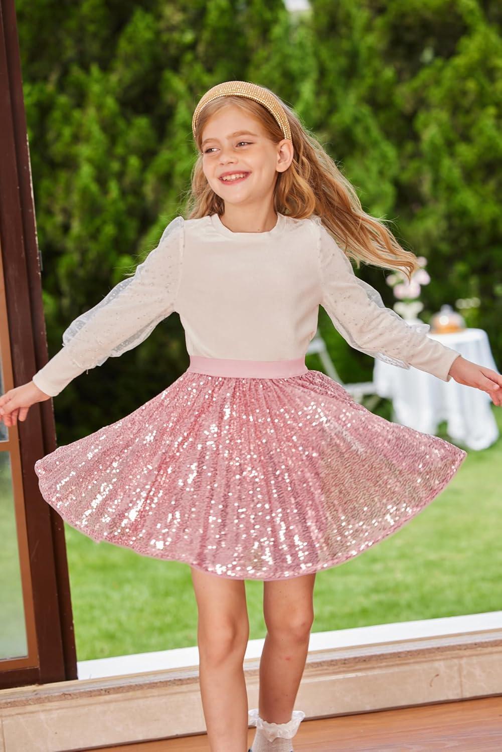 imageGRACE KARIN Girls Sequin Skirt Elastic Waist Sparkle Pleated Skirt for Party 514YPink