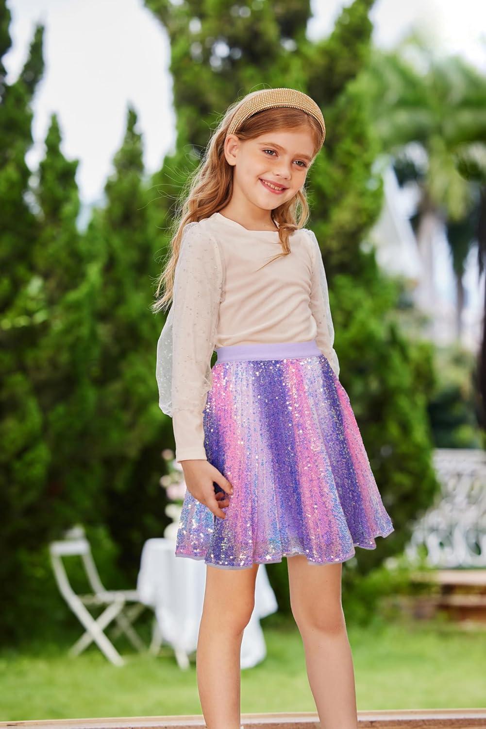 imageGRACE KARIN Girls Sequin Skirt Elastic Waist Sparkle Pleated Skirt for Party 514YPurple Rainbow