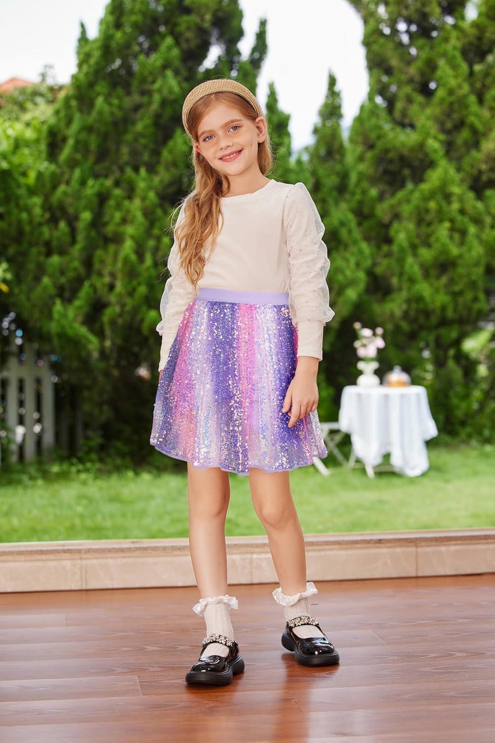 imageGRACE KARIN Girls Sequin Skirt Elastic Waist Sparkle Pleated Skirt for Party 514YPurple Rainbow