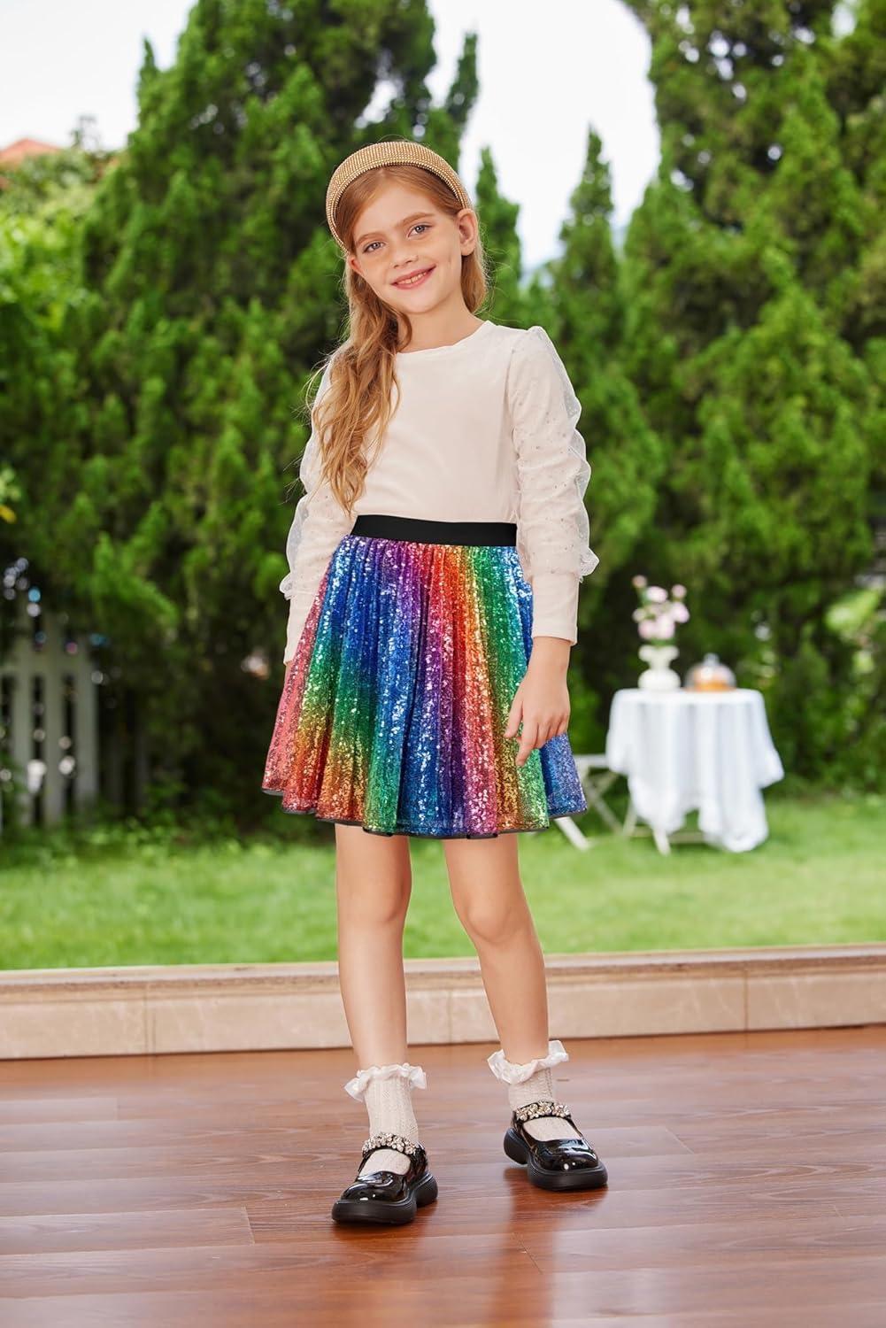 imageGRACE KARIN Girls Sequin Skirt Elastic Waist Sparkle Pleated Skirt for Party 514YRainbow