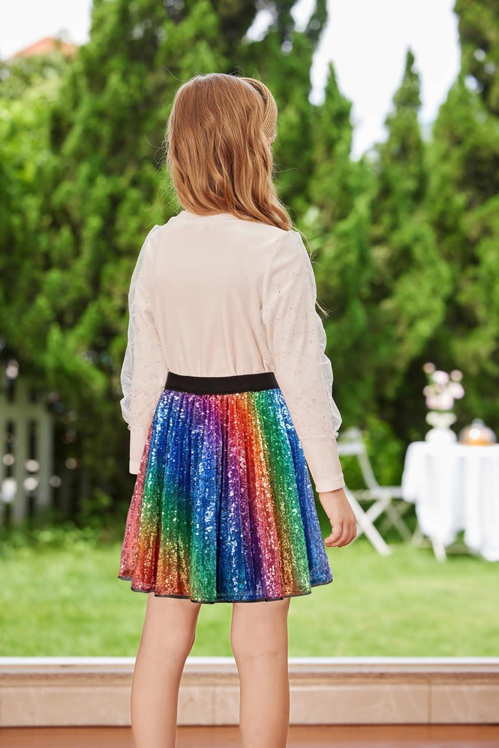 imageGRACE KARIN Girls Sequin Skirt Elastic Waist Sparkle Pleated Skirt for Party 514YRainbow