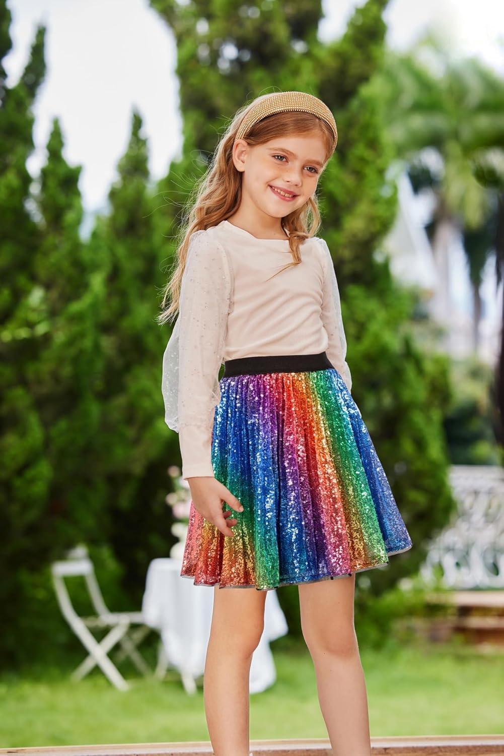 imageGRACE KARIN Girls Sequin Skirt Elastic Waist Sparkle Pleated Skirt for Party 514YRainbow