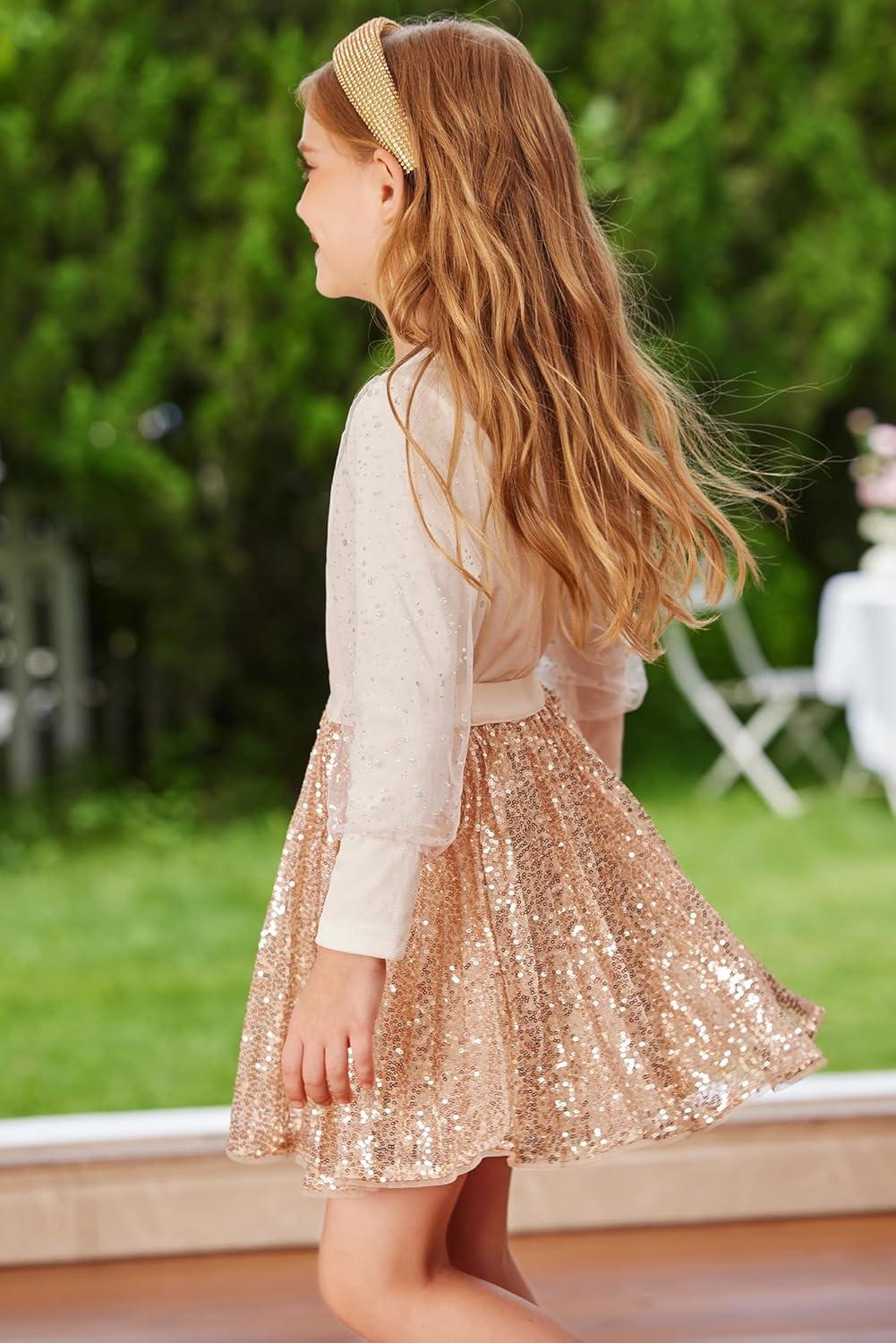 imageGRACE KARIN Girls Sequin Skirt Elastic Waist Sparkle Pleated Skirt for Party 514YRose Gold