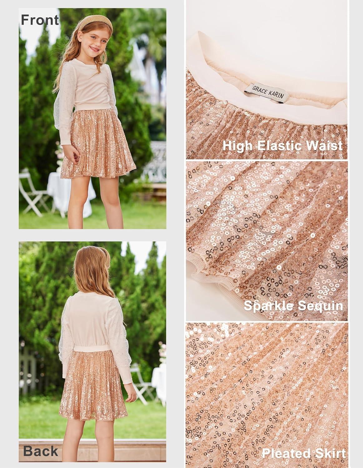 imageGRACE KARIN Girls Sequin Skirt Elastic Waist Sparkle Pleated Skirt for Party 514YRose Gold