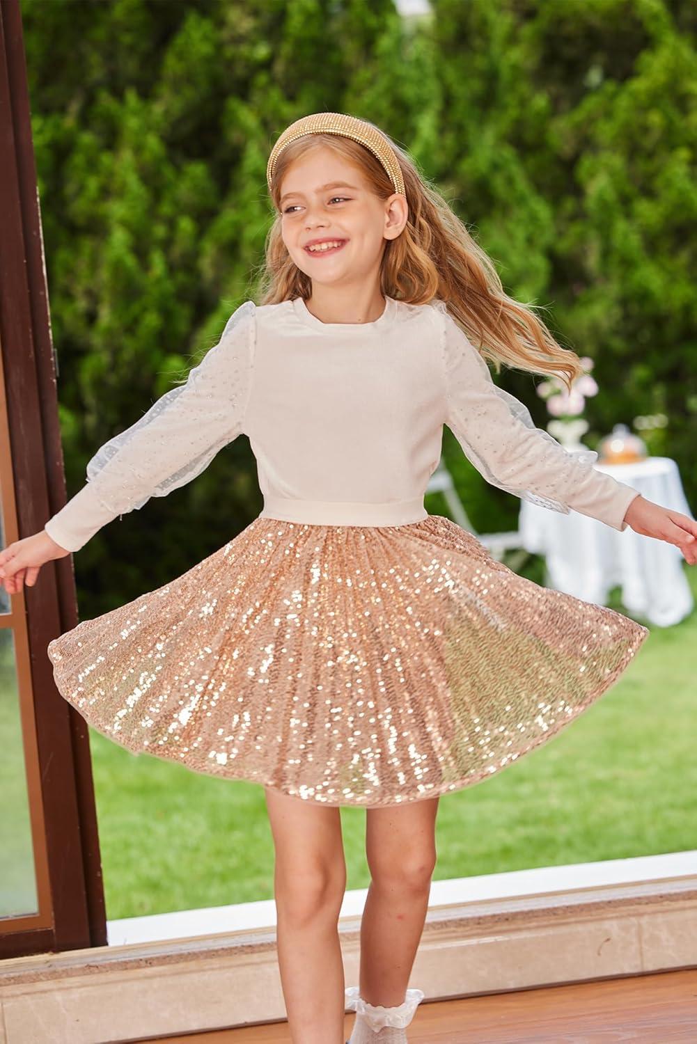 imageGRACE KARIN Girls Sequin Skirt Elastic Waist Sparkle Pleated Skirt for Party 514YRose Gold