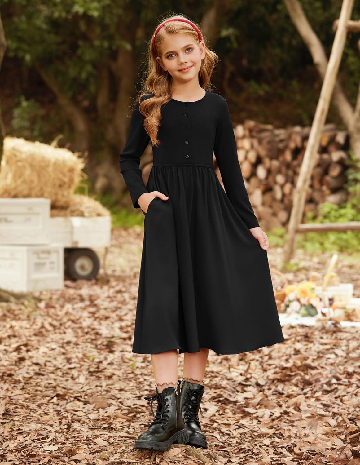 imageGRACE KARIN Girls Spring Long Sleeve Dresses Girl Casual Maxi Dress with Pockets Kids Formal Party DressBlack
