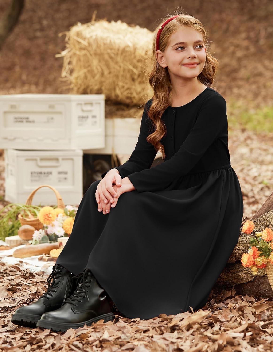 imageGRACE KARIN Girls Spring Long Sleeve Dresses Girl Casual Maxi Dress with Pockets Kids Formal Party DressBlack