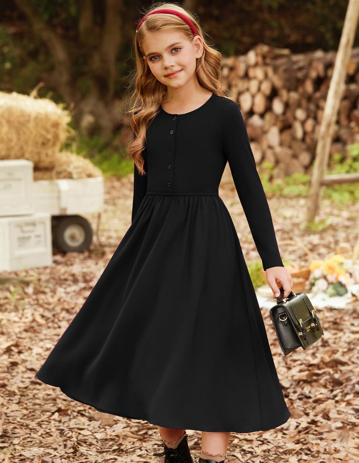 imageGRACE KARIN Girls Spring Long Sleeve Dresses Girl Casual Maxi Dress with Pockets Kids Formal Party DressBlack