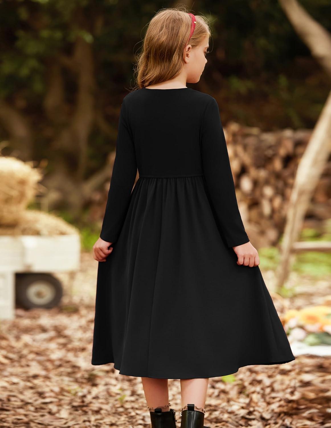 imageGRACE KARIN Girls Spring Long Sleeve Dresses Girl Casual Maxi Dress with Pockets Kids Formal Party DressBlack