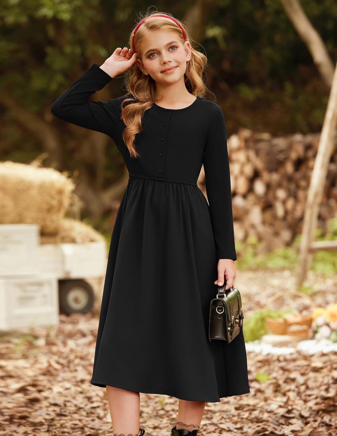 imageGRACE KARIN Girls Spring Long Sleeve Dresses Girl Casual Maxi Dress with Pockets Kids Formal Party DressBlack