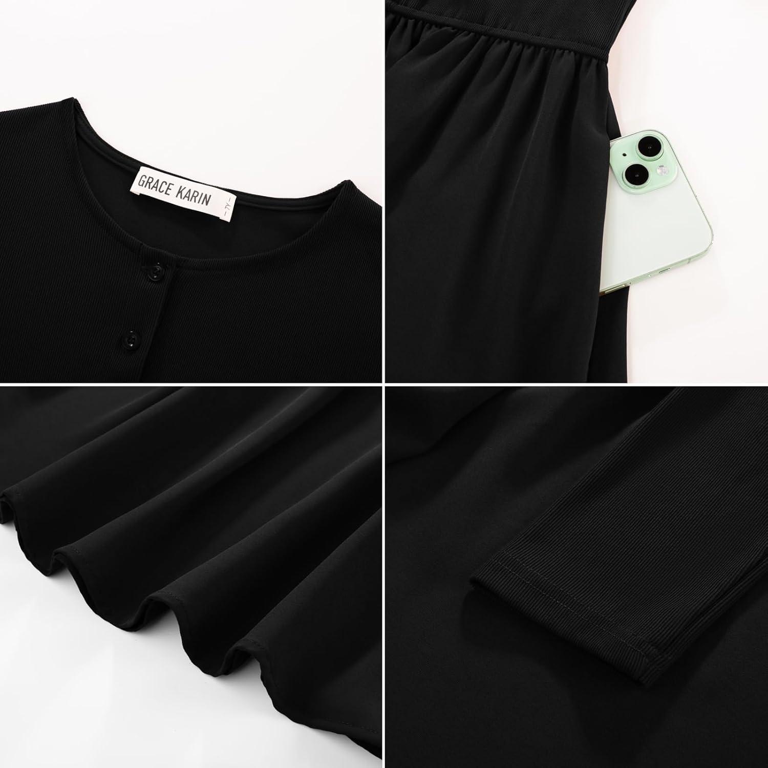imageGRACE KARIN Girls Spring Long Sleeve Dresses Girl Casual Maxi Dress with Pockets Kids Formal Party DressBlack