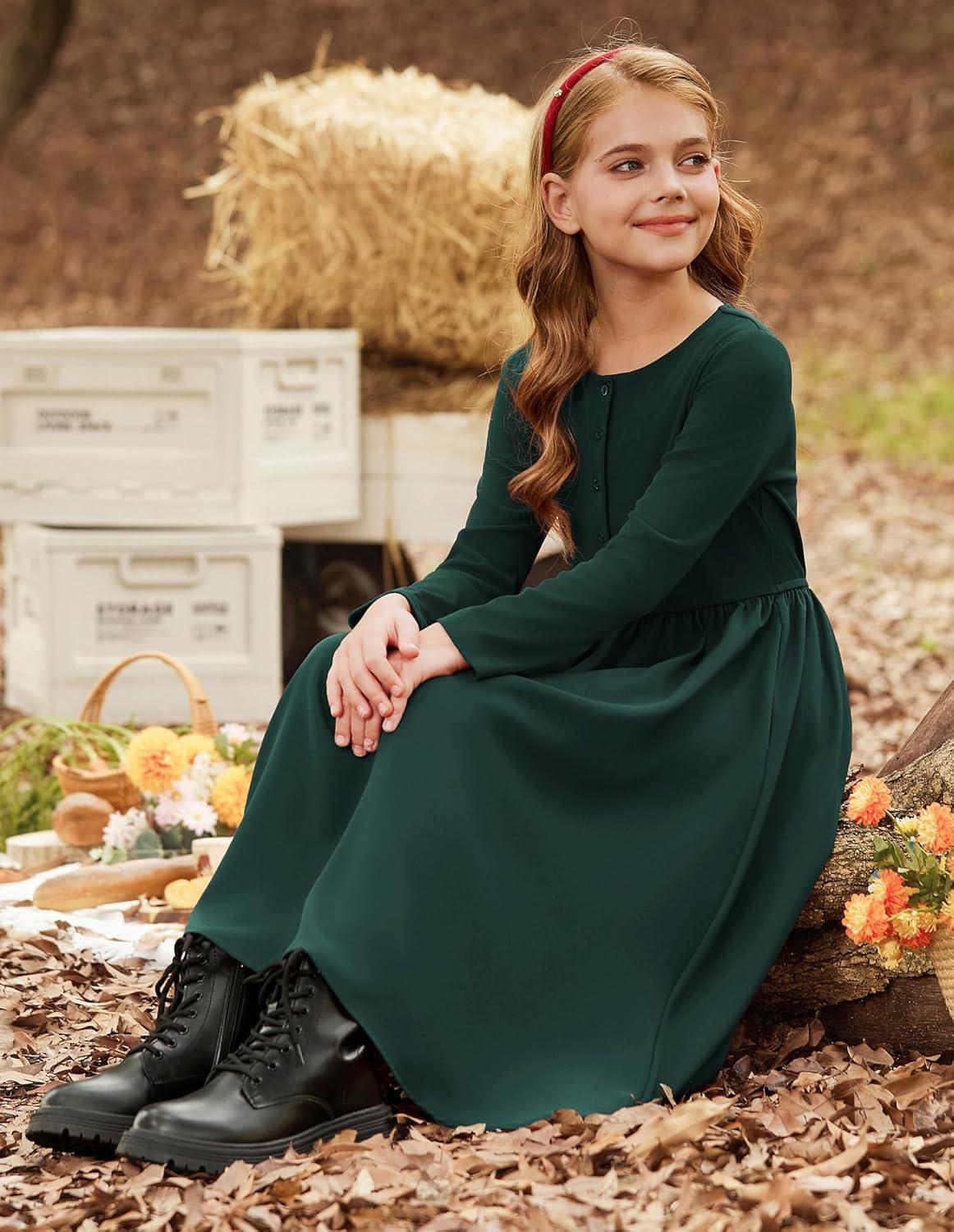 imageGRACE KARIN Girls Spring Long Sleeve Dresses Girl Casual Maxi Dress with Pockets Kids Formal Party DressEmerald Green