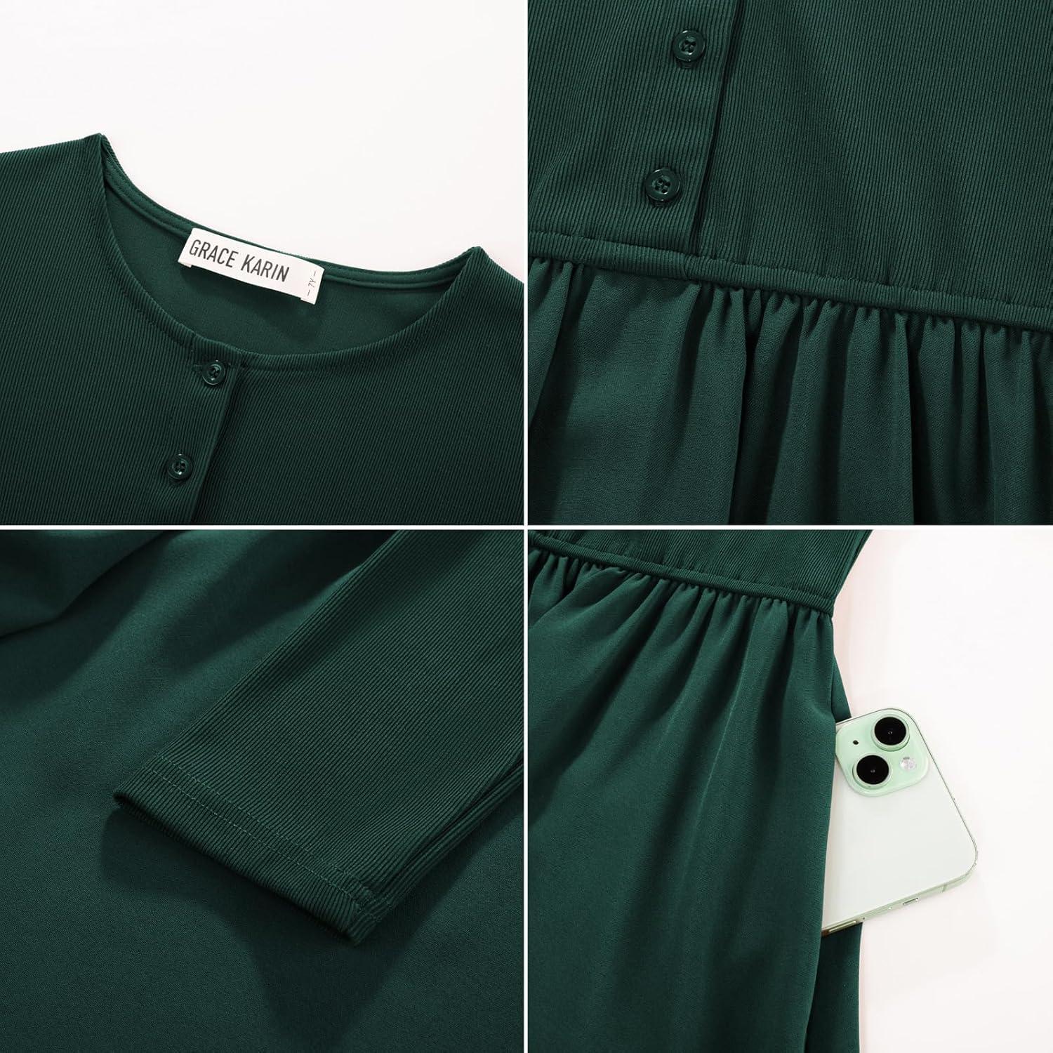 imageGRACE KARIN Girls Spring Long Sleeve Dresses Girl Casual Maxi Dress with Pockets Kids Formal Party DressEmerald Green