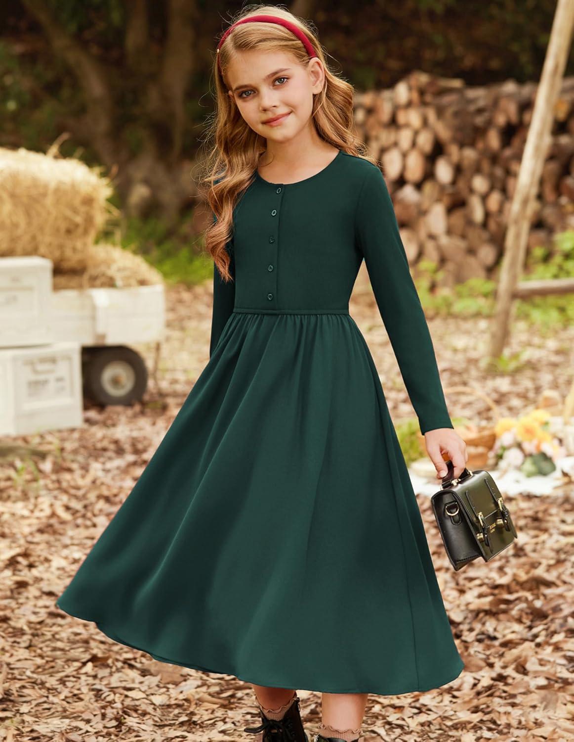 imageGRACE KARIN Girls Spring Long Sleeve Dresses Girl Casual Maxi Dress with Pockets Kids Formal Party DressEmerald Green