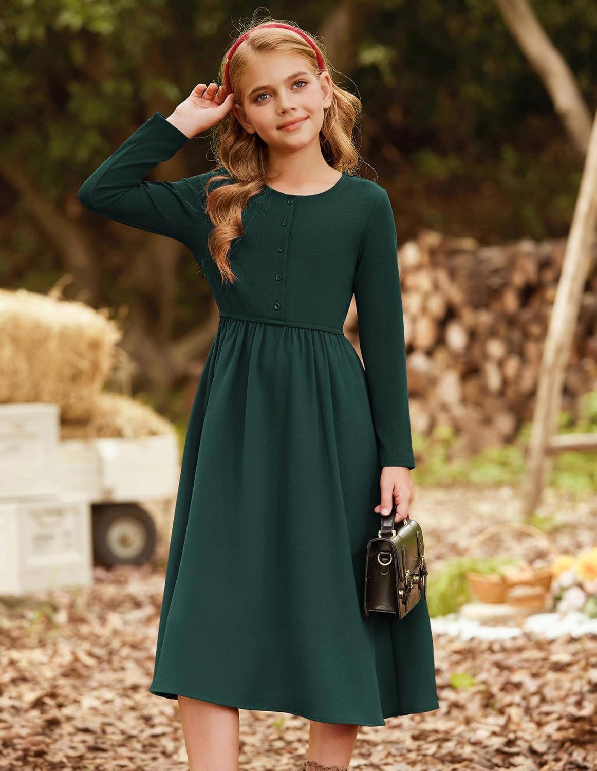 imageGRACE KARIN Girls Spring Long Sleeve Dresses Girl Casual Maxi Dress with Pockets Kids Formal Party DressEmerald Green