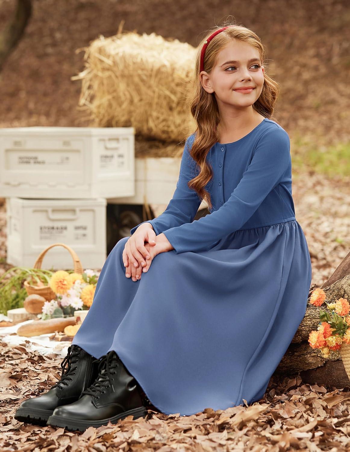 imageGRACE KARIN Girls Spring Long Sleeve Dresses Girl Casual Maxi Dress with Pockets Kids Formal Party DressNavy Blue